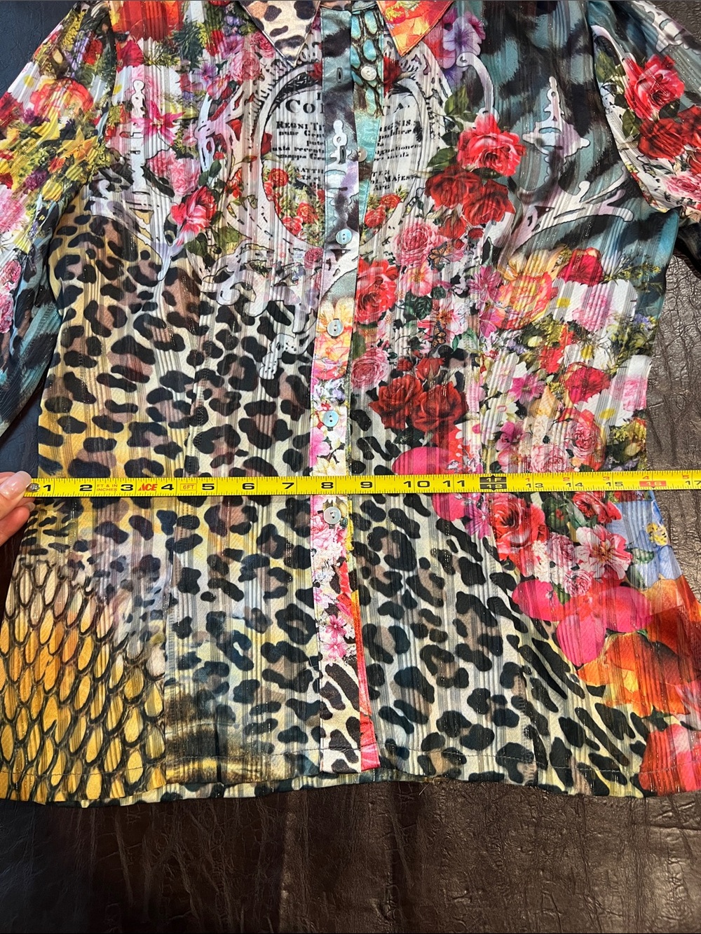 XS Women's Silk Sheer Floral & Leopard Print Button-Down Shirt in Multi-Color - Picture 14 of 15